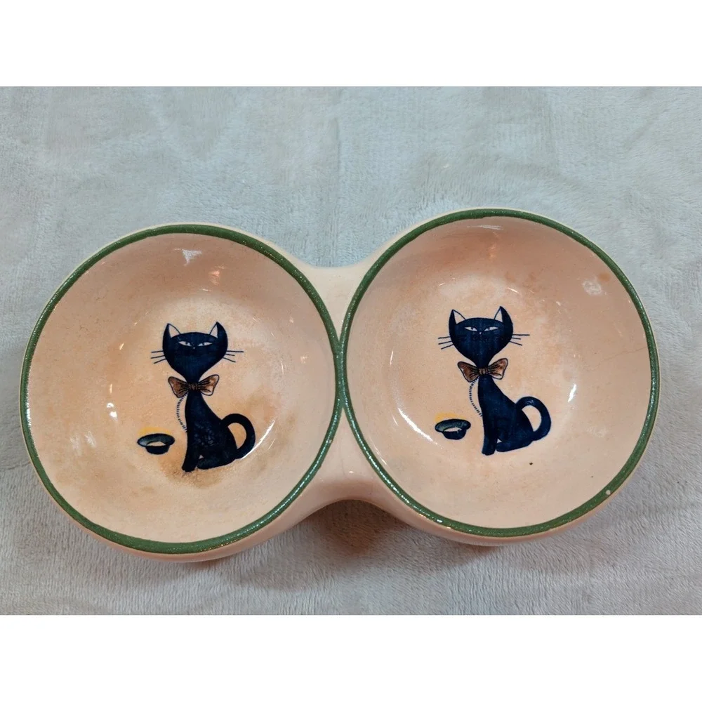 Vintage Ceramic Double Kitty Cat Bowl Pink Green Trim Mid Century Pet Dish 8.5